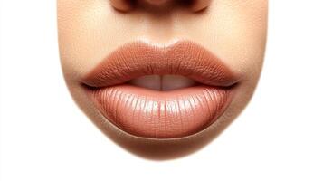 Close-up of a person's lips with a neutral, glossy lip color, showcasing their texture, shape, and the surrounding facial skin. Isolated on white. photo