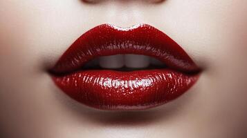 Close-up of luscious, glossy red lips with a hint of teeth showing, emphasizing beauty and elegance in a minimalistic composition. photo