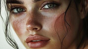 Detailed portrait of a woman with freckles, green eyes, and damp dark hair framing her face. A study of texture, color, and light. photo