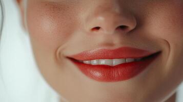 Close-up of a smiling face with red lipstick, showcasing a positive and radiant expression against a blurred, soft-focus background. photo