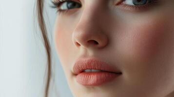 Close-up of a woman's face showing soft skin, full lips, and striking blue eyes, emphasizing natural beauty and makeup application. photo