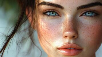 Close-up portrait of a person with striking features and fair skin. The focus is on their expressive face, highlighting natural beauty and details. photo