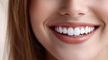Radiant smile with perfectly aligned teeth. Healthy and attractive dental aesthetics on display. Confident expression of joy and happiness. photo