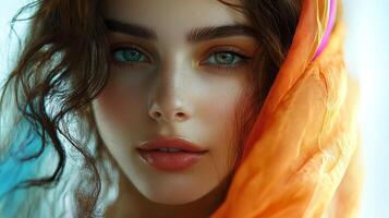 Portrait of a stunning woman with captivating green eyes and soft lighting, adorned with a colorful scarf. Beautiful and serene. photo
