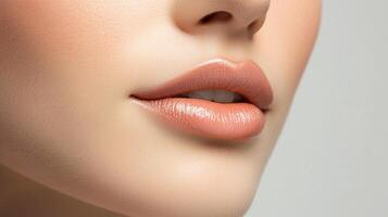 Close-up of a woman's face shows her lips with pink lipstick, highlighting their shape. The skin has makeup making it appear flawless. photo