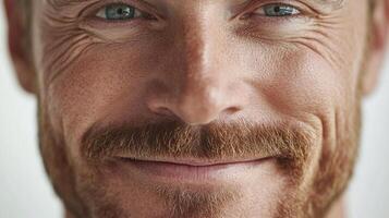 A close-up captures a person's face, with their eyes gazing forward, displaying a genuine expression and a subtle smile. photo