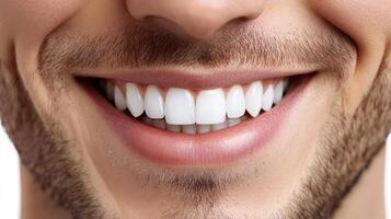 Close up of a beaming smile showcases meticulously cared for, pearly white teeth with a neat beard adding character to the face. photo