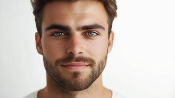 Close-up portrait of a handsome man with light eyes, a well-groomed beard, and dark hair, set against a simple white background. Smiling subtly. photo