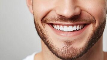 A close-up of a smiling man with a beard showcasing his well-maintained and bright teeth, expressing a sense of confidence and positivity. photo
