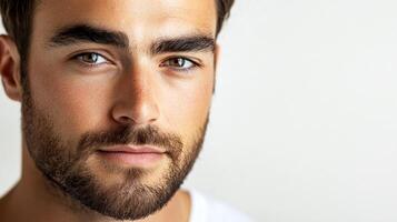 Close-up of a confident man with a trimmed beard and a direct gaze, set against a bright, neutral background. Portrait, simple. photo