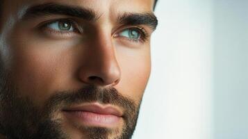 Close-up portrait showcases a handsome man with captivating eyes and well-groomed facial hair, radiating confidence and charm. photo