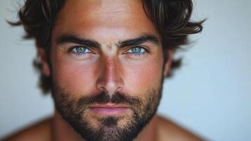 Intense blue eyed man with scruff and wavy brown hair, stares into the camera with an expression of quiet confidence. photo