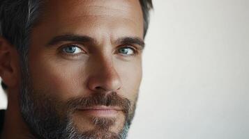 Close-up portrait of a mature, handsome man with striking blue eyes and a distinguished beard against a minimalist backdrop. photo