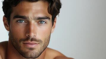 A handsome man with striking features, captured in a close-up portrait. He is fair-skinned with striking eyes, a light beard, and wavy hair. photo