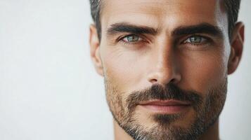 Close-up portrait of a handsome mature man with captivating eyes, a distinguished beard, and a confident, composed expression. photo