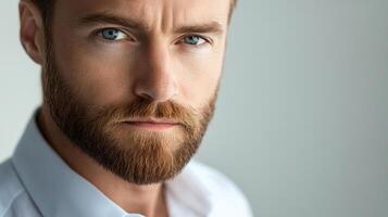 Intense gaze of a bearded man with blue eyes in a crisp white shirt, conveying confidence, intellect, and modern masculinity against a plain backdrop. photo