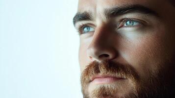 Portrait of a bearded man with striking blue eyes, bathed in soft light, looking off-camera with a thoughtful expression. Close-up view. photo