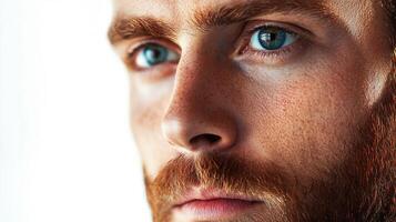 Intense gaze from a bearded man with striking blue eyes. Close-up showing his freckled skin and thoughtful expression. photo
