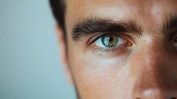 Striking eye close-up revealing intricate iris patterns and detail. Dark brow, fair skin with distinct texture against a soft, blurry background photo