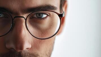 Close-up on a man's face, featuring light eyes peering through round-framed glasses, highlighting sharp features against a light background. photo