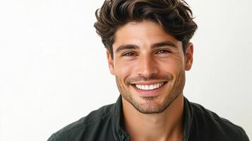 Close-up of a smiling man with brown hair and eyes, showcasing positive emotion and a confident, friendly expression against a clean background. photo