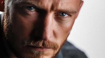 Intense gaze of a determined man, captured in a close-up portrait. His piercing blue eyes convey depth, while his expression evokes resilience. photo