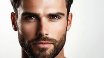 Close-up portrait of a handsome man with olive eyes and a well-groomed beard against a clean white background. Head and shoulders. photo