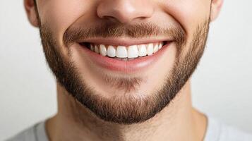 Close-up of a smiling man with a beard showing off his teeth. The man appears happy and confident with a natural expression. photo