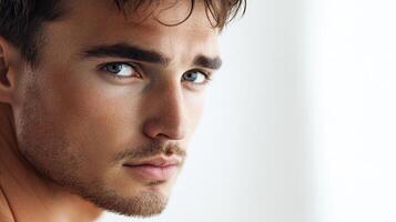 Focused gaze of a handsome man with blue eyes, captured in a close-up portrait against a bright background. Natural light enhances his features. photo