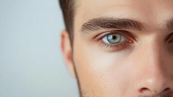 Close-up of a man's face, focusing on his expressive light-colored eye and eyebrow. He has fair skin. Intense gaze and neutral background. photo