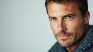 Portrait of a handsome man with a thoughtful expression, showcasing a blend of warmth and intelligence in a close-up shot. photo