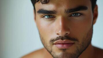 Close-up portrait of a handsome man with striking eyes, showcasing a natural, clean look against a neutral background. Intense gaze. photo