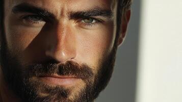 Intense gaze of a bearded man with striking eyes and a shadow accentuating his features. The lighting emphasizes his strong features. photo