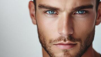 Close-up of a handsome man's face. He has stunning blue eyes, a trimmed beard and is facing forward with a neutral expression. photo