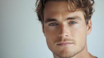 Close-up portrait of a handsome man with striking blue eyes and wavy brown hair, exuding a confident and approachable demeanor. photo