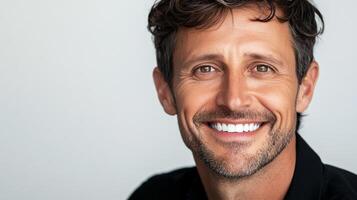 Smiling man with kind eyes, close-up portrait. Dark wavy hair, light stubble. Authentic, genuine expression, against a plain background. photo
