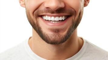 Close-up portrait showcasing a beaming smile, emphasizing healthy, white teeth, set against a clean, bright background. photo