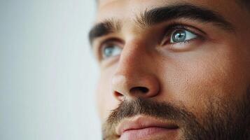 Introspective gaze of a man with striking blue eyes, set against a simple background, capturing depth and quiet contemplation. photo