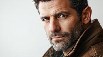 Intense portrait of a handsome man with a serious expression, showcasing his striking features and captivating gaze against a soft background. photo
