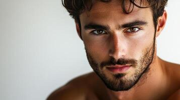 Portrait of a striking man with brown hair and eyes, exuding a sense of confidence and charm. His natural features are accentuated. photo