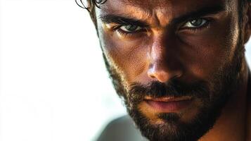 Intense portrait of a handsome, tanned man with dark hair and a beard, gazing intensely at the viewer with a serious expression. photo