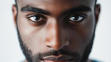 Intense, close-up portrait of a man with striking eyes. Focused gaze. Strong features. A study in visual communication. photo