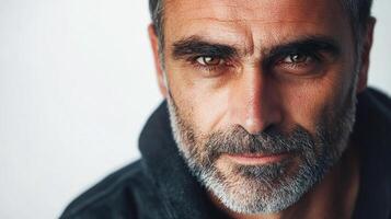 Close-up portrait of a mature man with striking eyes and a salt-and-pepper beard against a clean, light background. Intimate and thoughtful. photo