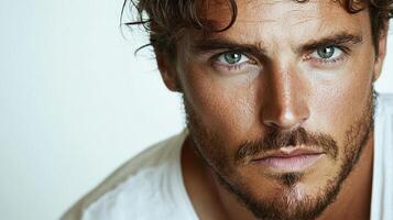 A man with striking eyes gazes intensely at the viewer, his features highlighted by light and shadow. He exudes confidence. photo