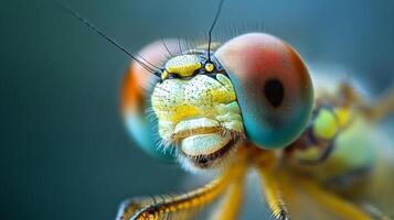 Close-up view of an intricate and detailed dragonfly's face with its multiple colors and textures. The dragonfly has large eyes and thin antennae. photo