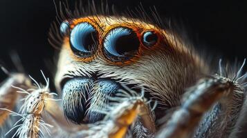 Intricate macro reveals iridescent eyes of a small spider, captivating with detail, highlighting unique anatomy. photo