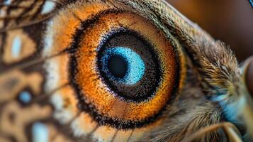 Extreme closeup of a butterfly wing showcasing intricate scales, patterns, and a striking false eye spot with concentric rings of color. photo