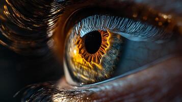 Macro photograph of a captivating eye, revealing intricate details of its iris and vibrant color with long eyelashes. photo