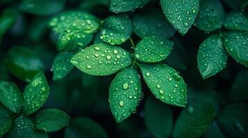 Raindrops on leaves create a stunning contrast of textures and colors, highlighting nature's beauty and the vitality of plant life. photo
