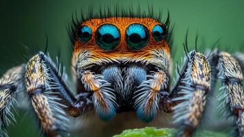 Colorful jumping spider with detailed macro photography, shows the detail of spider face, legs, and blue eyes. Its vibrant and striking. photo